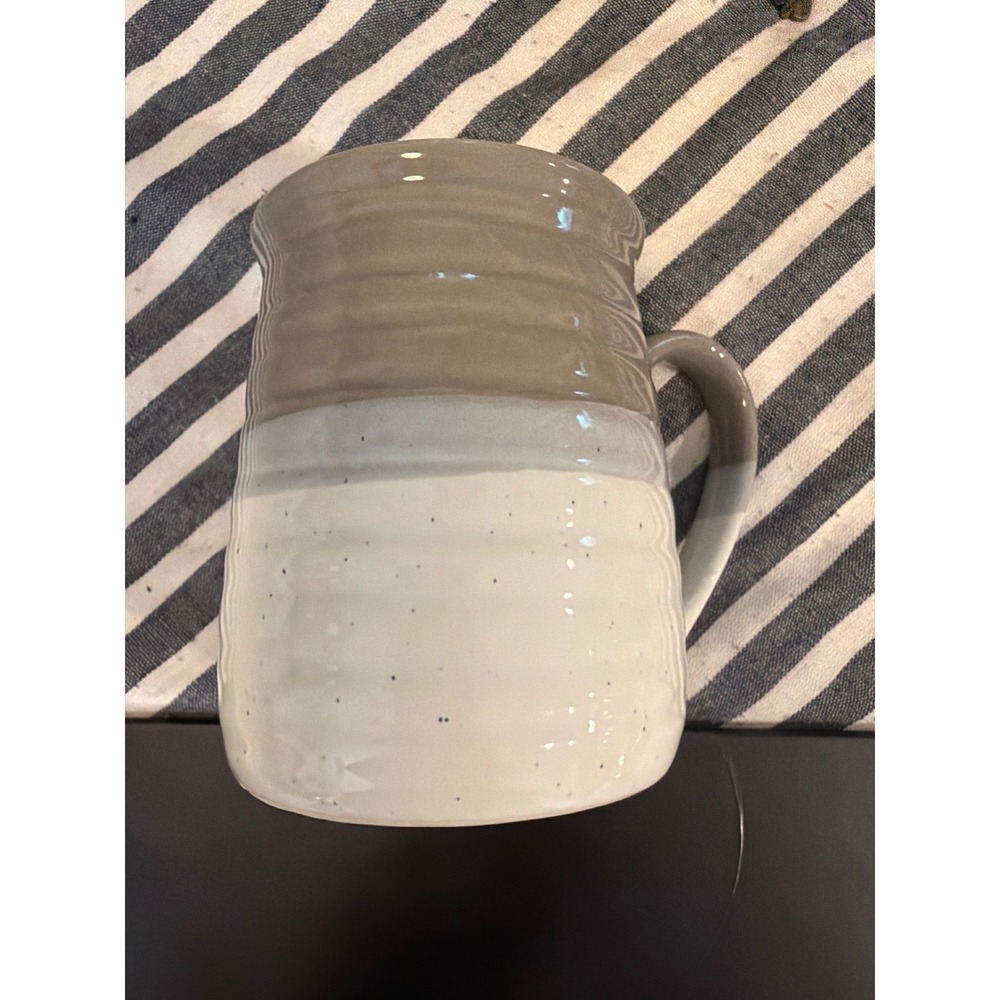 Two Tone Ribbed Stoneware Coffee Mug Speckled Cream and Taupe Glaze